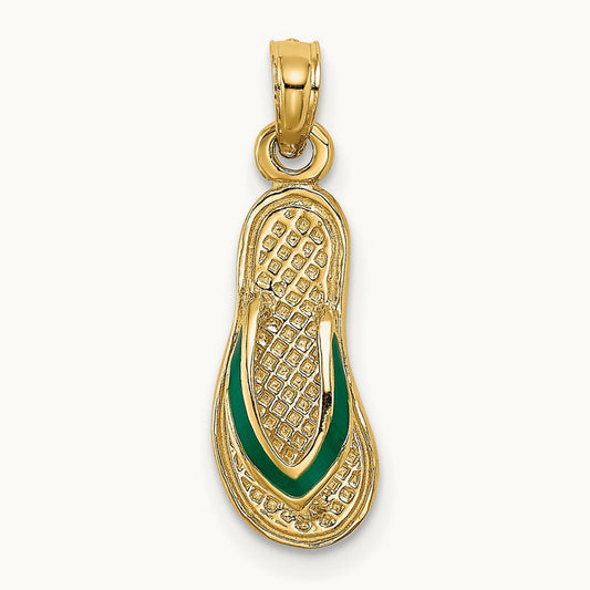 3D W/ Green Enamel Single Flip-Flop Charm, 14K