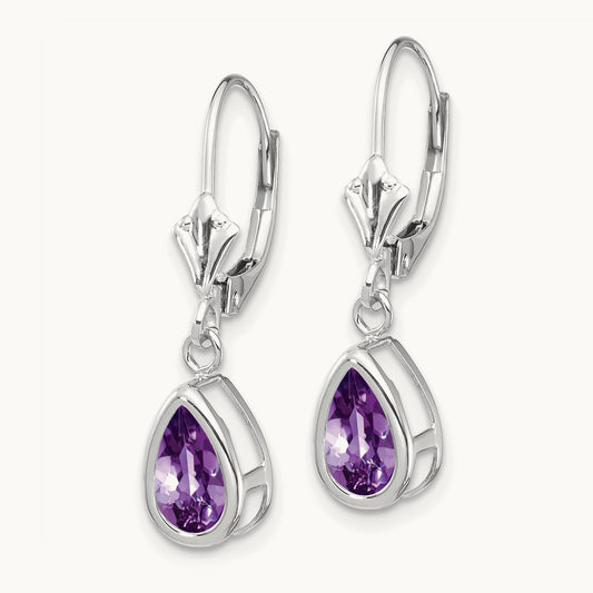 8x5mm Pear Amethyst Leverback Earrings, 14K White Gold