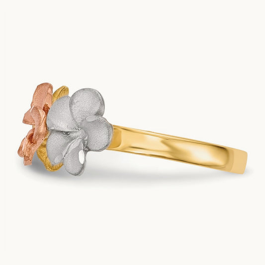 w/White Rhodium Satin D/C 3-Plumerias Ring, 14K Two-tone