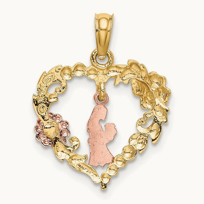Rhodium Motherly Love w/ Flowers In Heart Charm, 14K Two-tone White