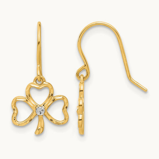 D/C Clover Dangle Earrings, 14K with White Rhodium
