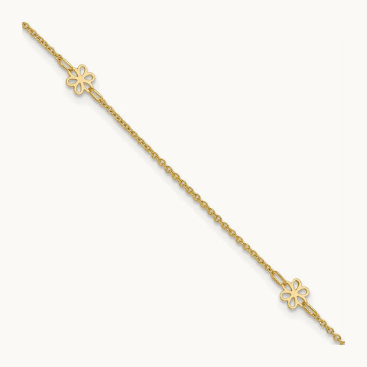 Polished Flowers 10in Plus 1in ext. Anklet, 14K