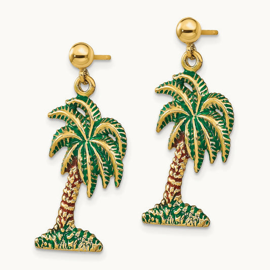 w/ Enamel Palm Tree Dangle Earrings, 14K