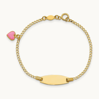 Polished Kids ID with Pink Enameled Puff Heart 5.5in Bracelet, 14K