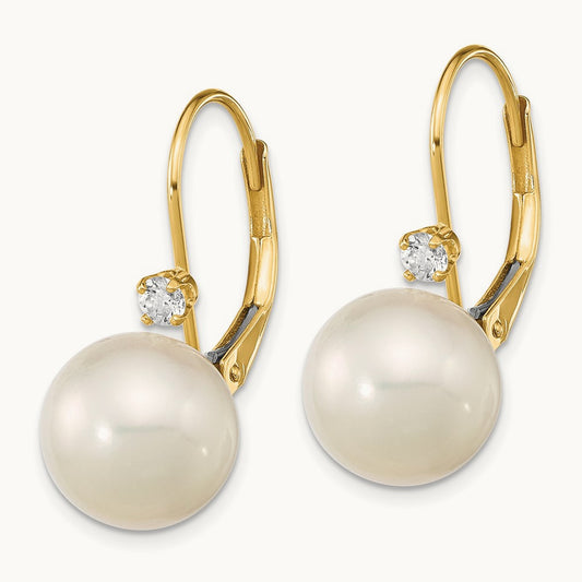 9- White Round FWC Pearl .10ct Diamond Leverback Earrings, 9.5mm, 14K