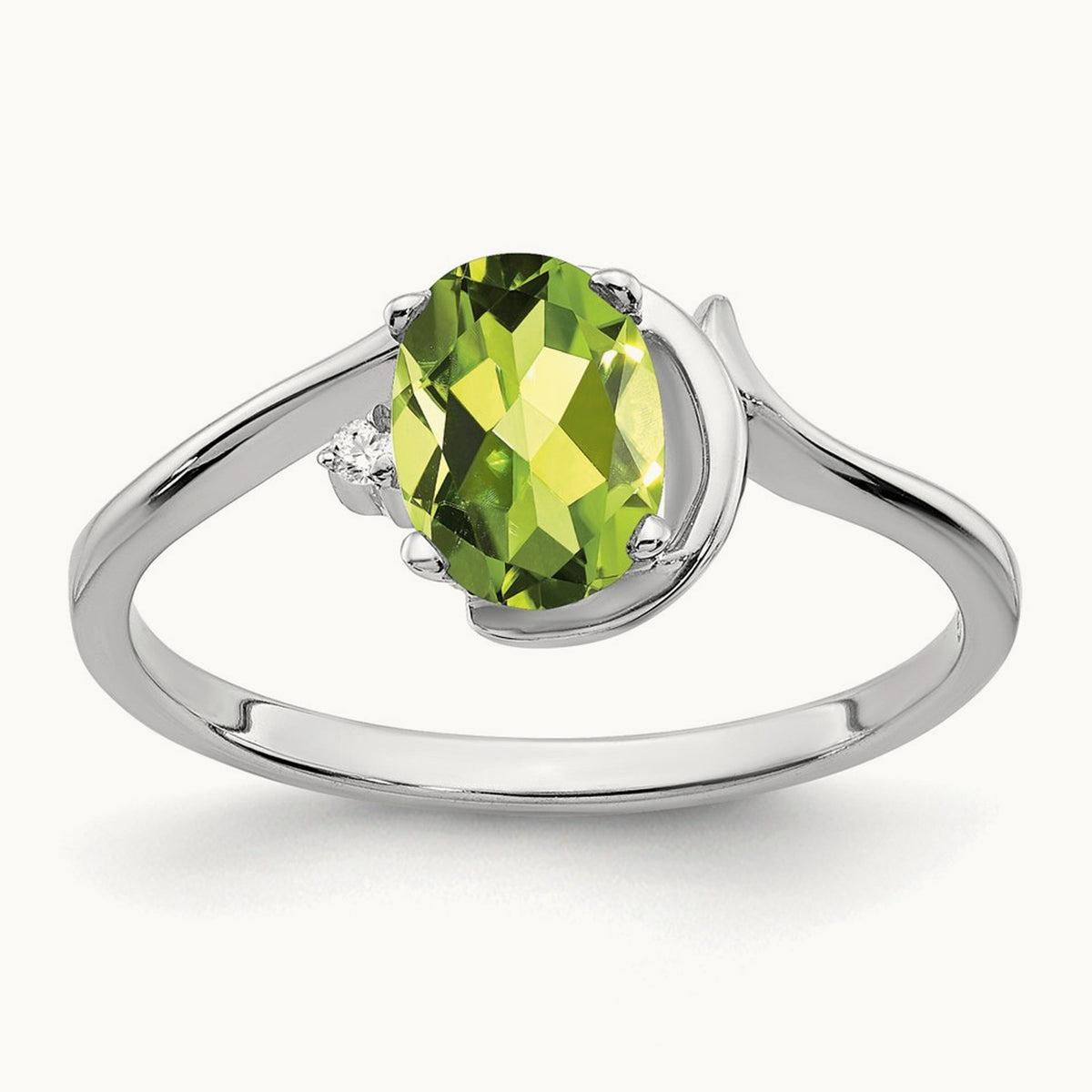 7x5mm Oval Peridot AA Diamond ring, 14K White Gold