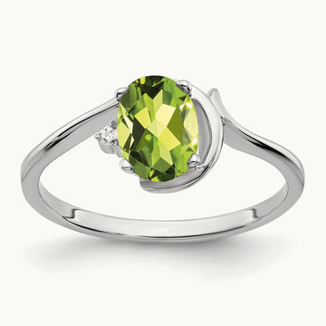 7x5mm Oval Peridot AA Diamond ring, 14K White Gold