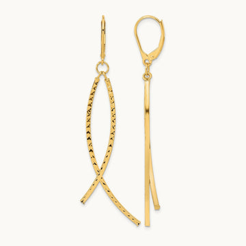 Polished Diamond Cut Fancy Dangle Leverback Earrings — 14K Yellow Gold