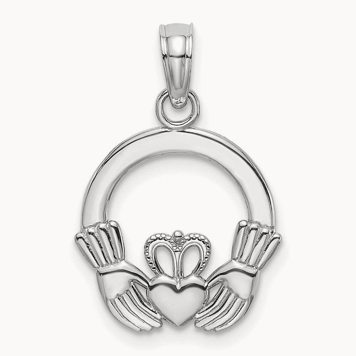 Polished Round Claddagh Charm — 14K White Gold