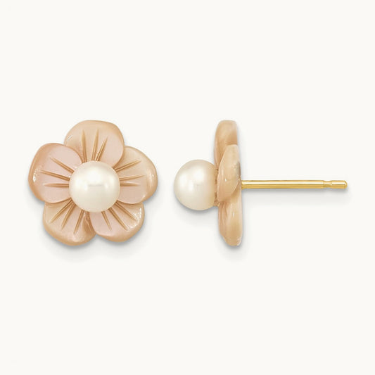 3- Round White FWC Pearl Pink MOP Flower Earrings, 4mm, 14K