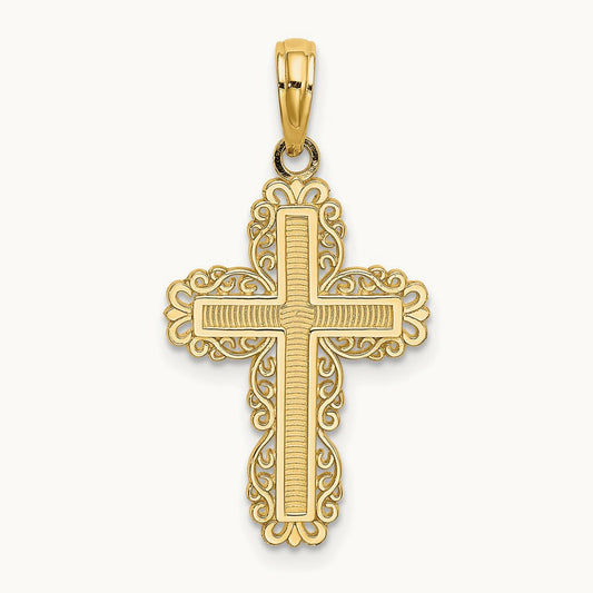 Textured with Lace Trim Cross Charm — 14K Yellow Gold