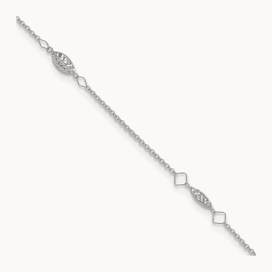 Diamond-cut Puffed Beads 9in Plus1in Ext Anklet, 14K White Gold