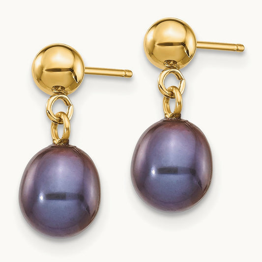 6- Black Rice Freshwater Cultured Pearl Post Dangle Earrings, 7mm, 14K