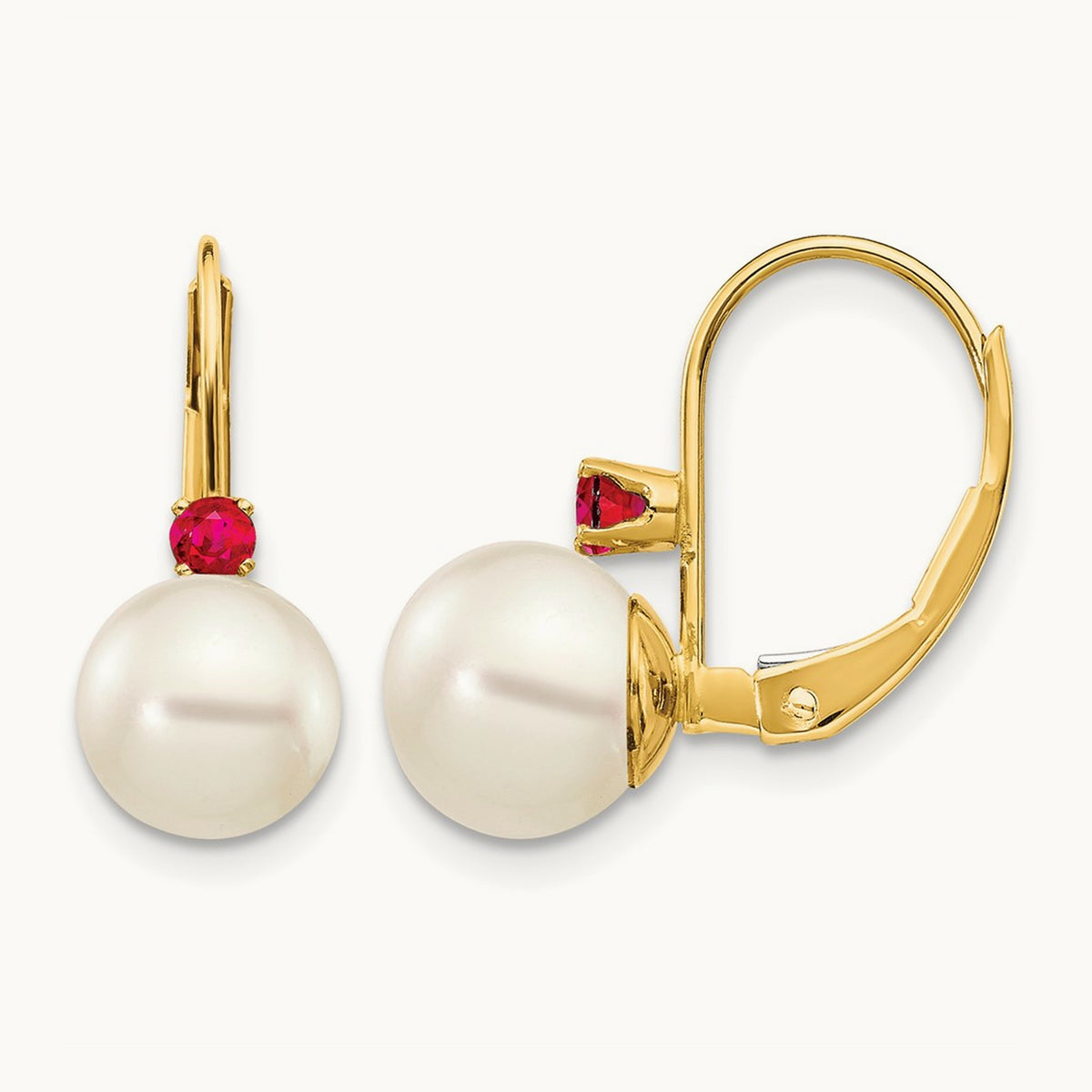 7- White Round FW Cultured Pearl Ruby Leverback Earrings, 7.5mm, 14K