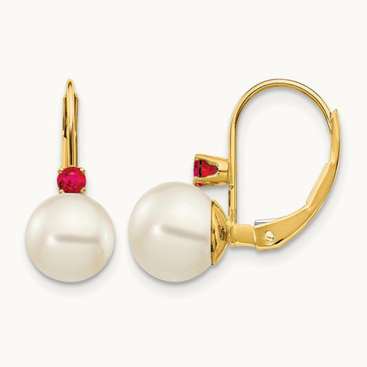 7- White Round FW Cultured Pearl Ruby Leverback Earrings, 7.5mm, 14K