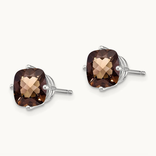 Cushion Smoky Quartz Earring, 7mm, 14K White Gold