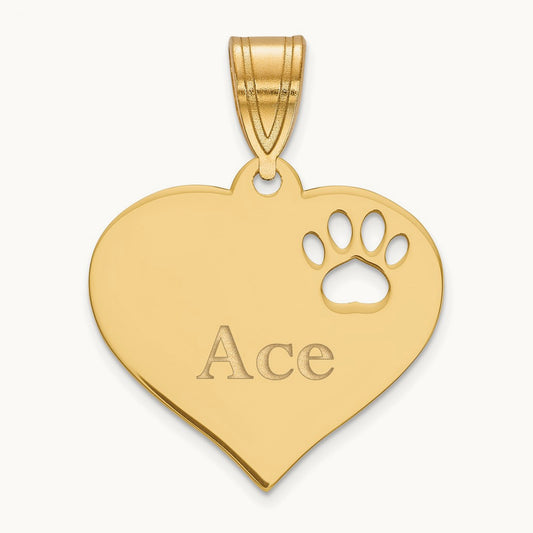 SS/Gold-plated Heart with Name and Paw Print Cut-out Pendant