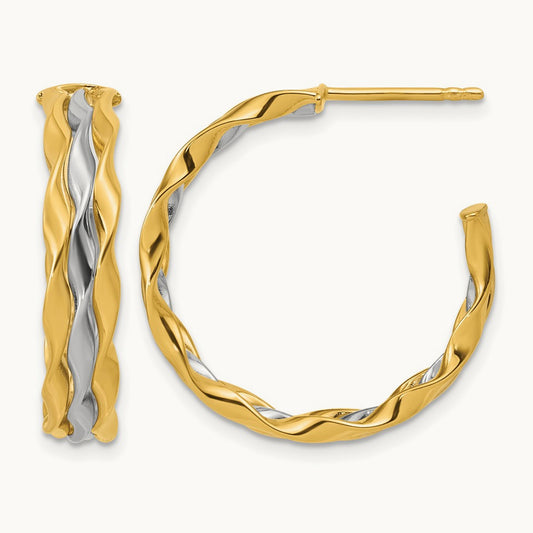 w/Rhodium Polished Wave J-Hoop Post Earrings, 14K — Leslie's