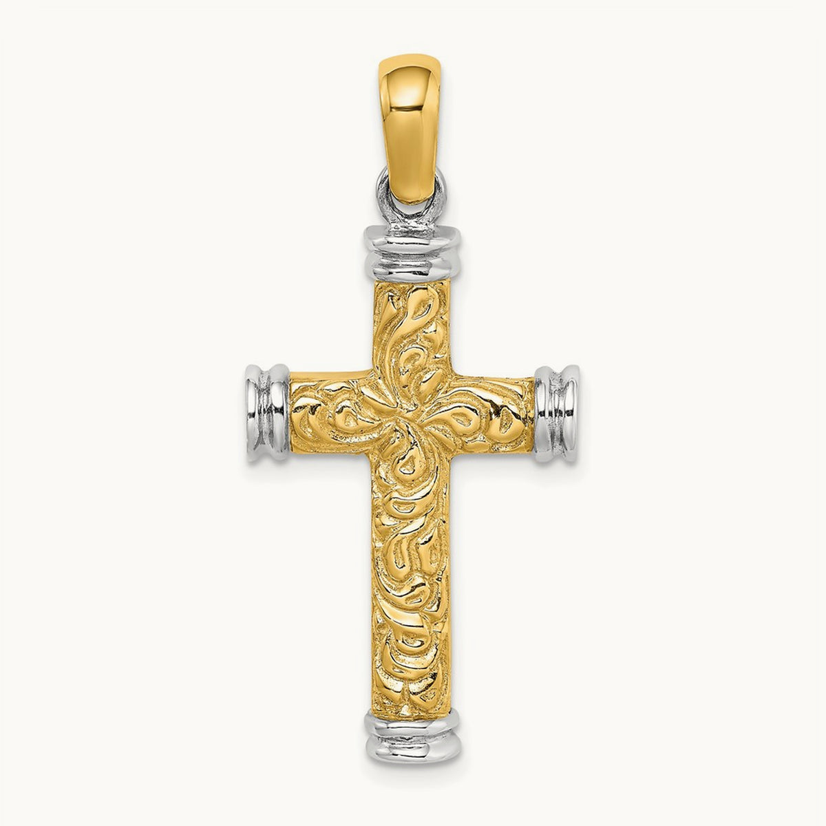 w/Rhodium Scroll and Double Endcaps Cross Charm, 14K