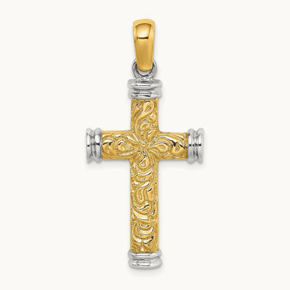 w/Rhodium Scroll and Double Endcaps Cross Charm, 14K