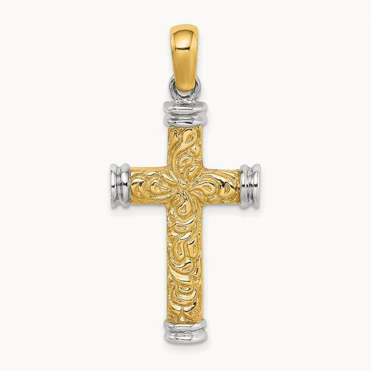 w/Rhodium Scroll and Double Endcaps Cross Charm, 14K