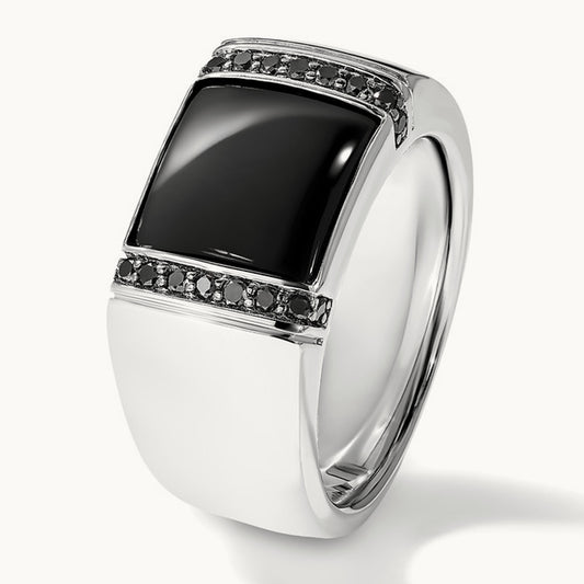 IBGoodman Men's Onyx and Black Diamond Complete Ring, 14K White Gold