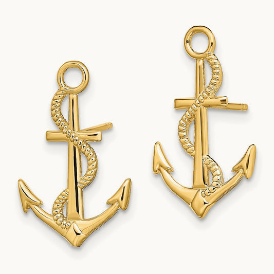 Polished / Textured Anchor W/ Rope Post Earrings, 14K