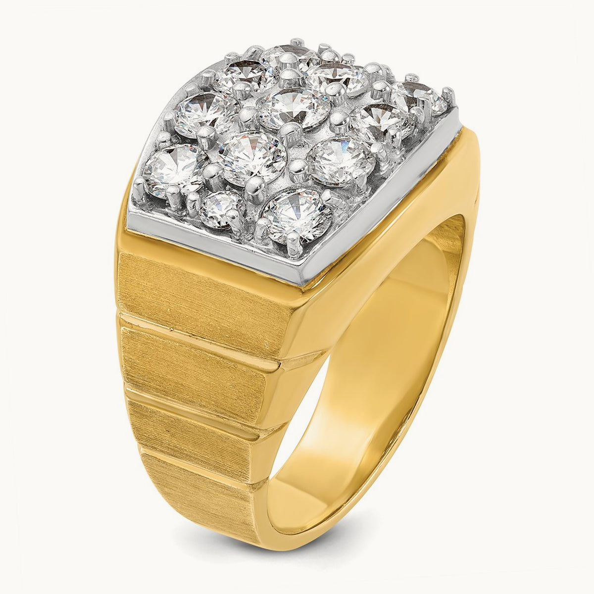 14ktt IBGoodman Men's Polished Satin & Grooved Cluster Diamond Ring