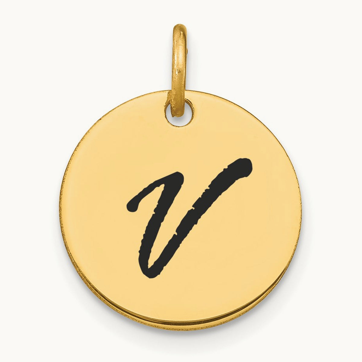 Polished Black Enamel Initial Disk Charm — 14K Yellow Gold, V