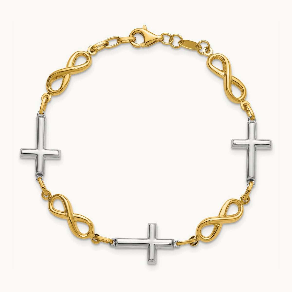 w/ Rhodium Polished Cross Infinity Symbol Link Bracelet, 14K