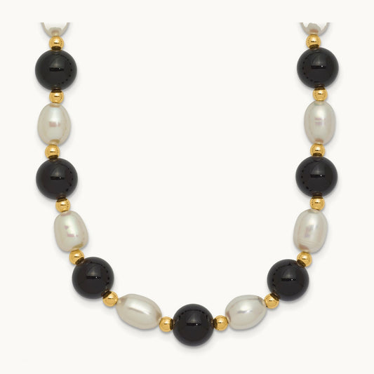 6- White Rice FW Cultured Pearl Onyx Bead Necklace, 7mm, 14K