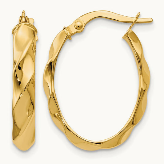 Polished and Twisted Oval Hoop Earrings — 14K Yellow Gold