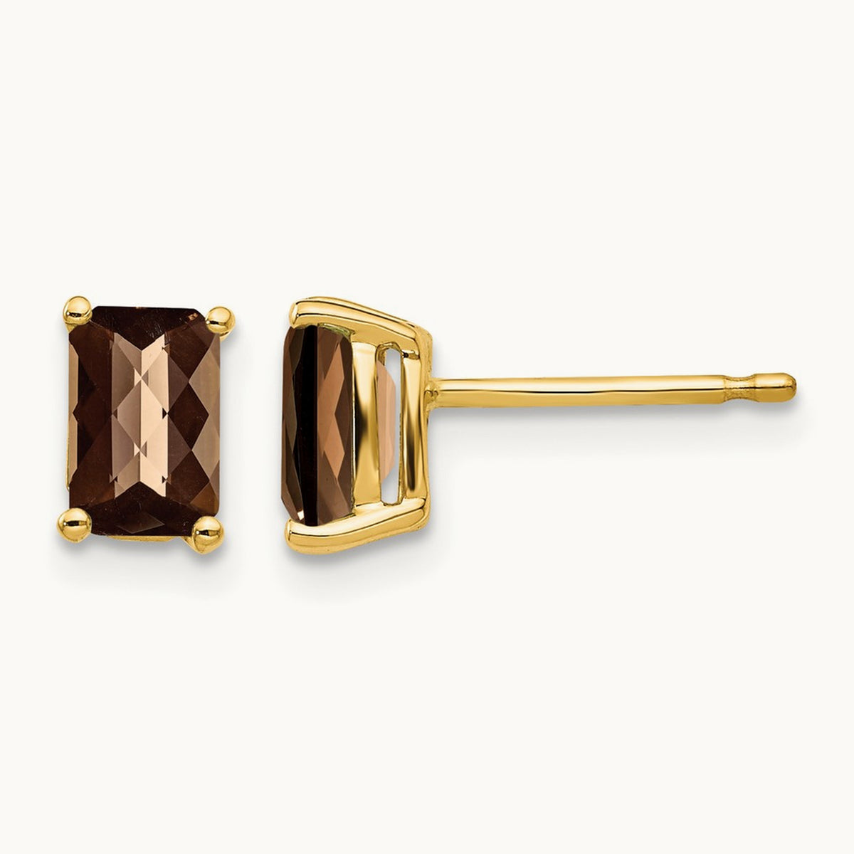 6x4 Octagon Checker-Cut Smoky Quartz Earrings, 14K
