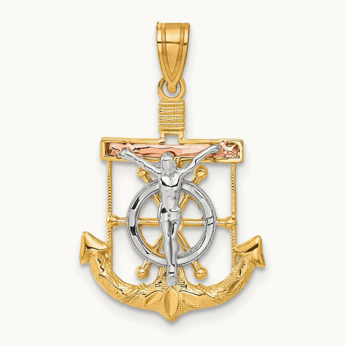 Tri-color Diamond-cut with Textured Mariner's Crucifix Pendant — 29mm