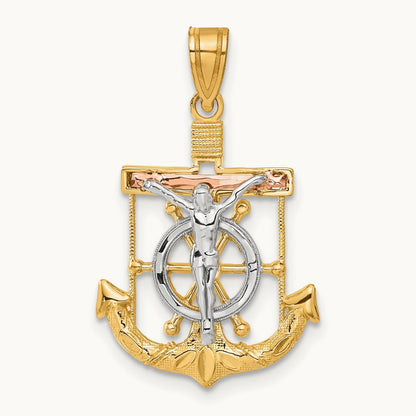 Tri-color Diamond-cut with Textured Mariner's Crucifix Pendant — 29mm