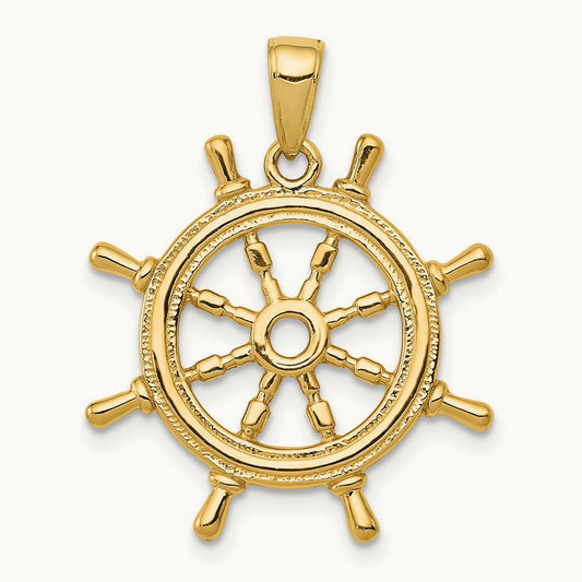 3D Ships Wheel Pendant — 14K Yellow Gold