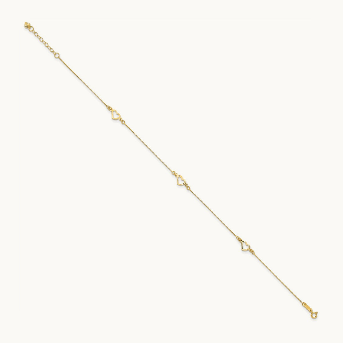 Diamond-cut Heart 10in Plus 1in ext. Anklet, 14K