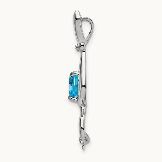 Blue Topaz and Diamond Cat Pendant — 14K White Gold