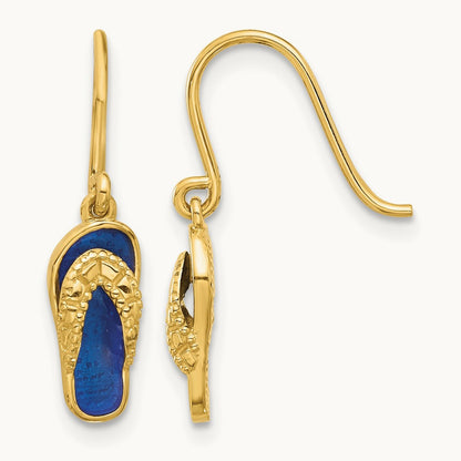 Polished Blue Enameled Flip Flop Shepherd Hook Dangle Earrings, 14K