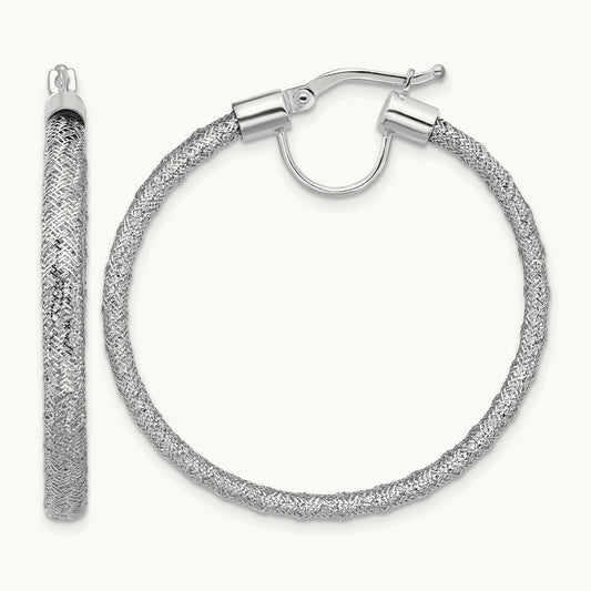 Rhodium-Plating Polished Mesh Round Hoop Earrings with white — 14K Two-Tone Gold