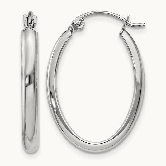 Polished Oval Tube Hoop Earrings — 14K White Gold