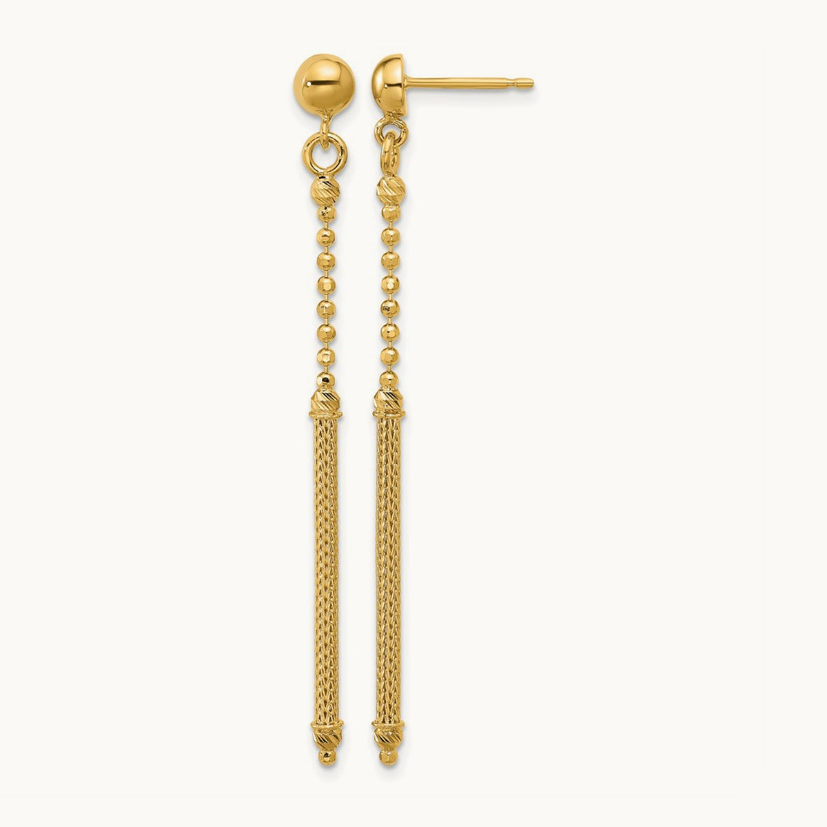 Polish/Texture/Dia-cut Bead w/Bar Dangle Post Earrings, 14K — Leslie's