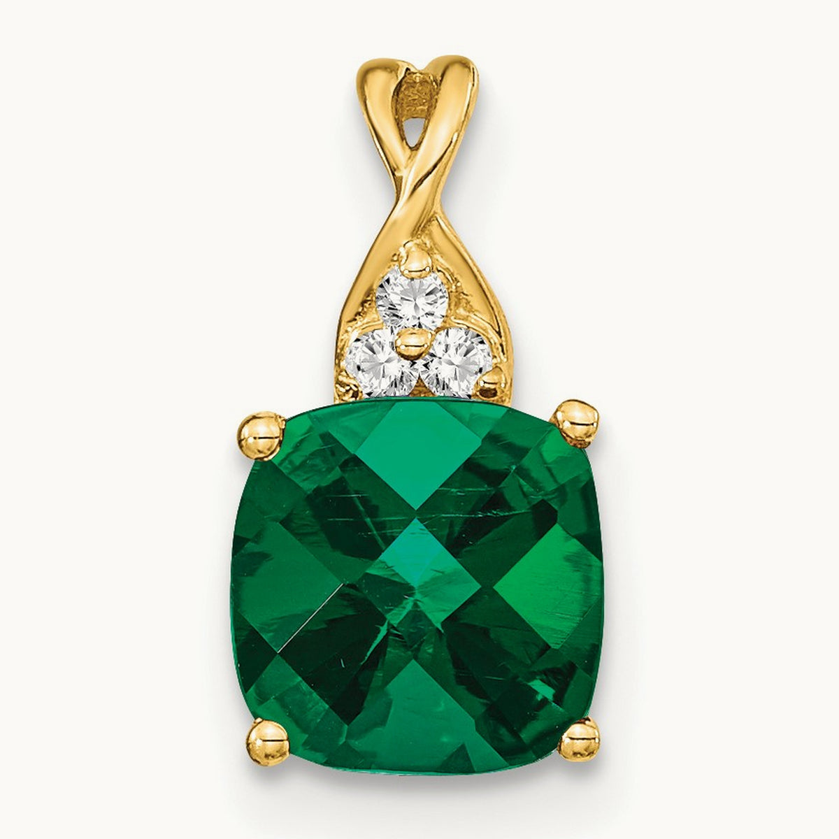 Checkerboard Created Emerald and Lab-Grown Diamond Pendant — 14K Yellow Gold