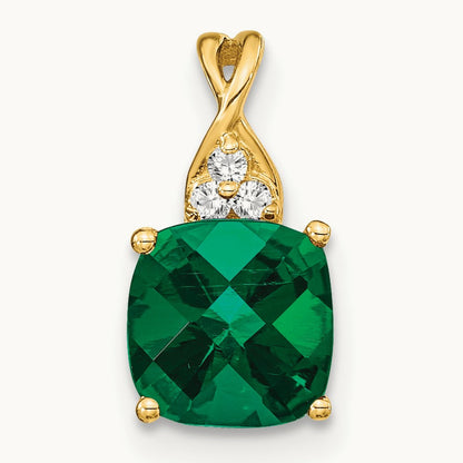 Checkerboard Created Emerald and Lab-Grown Diamond Pendant — 14K Yellow Gold