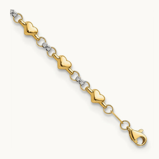 Polished D/C Heart 7.5in Bracelet, 14K Two-tone
