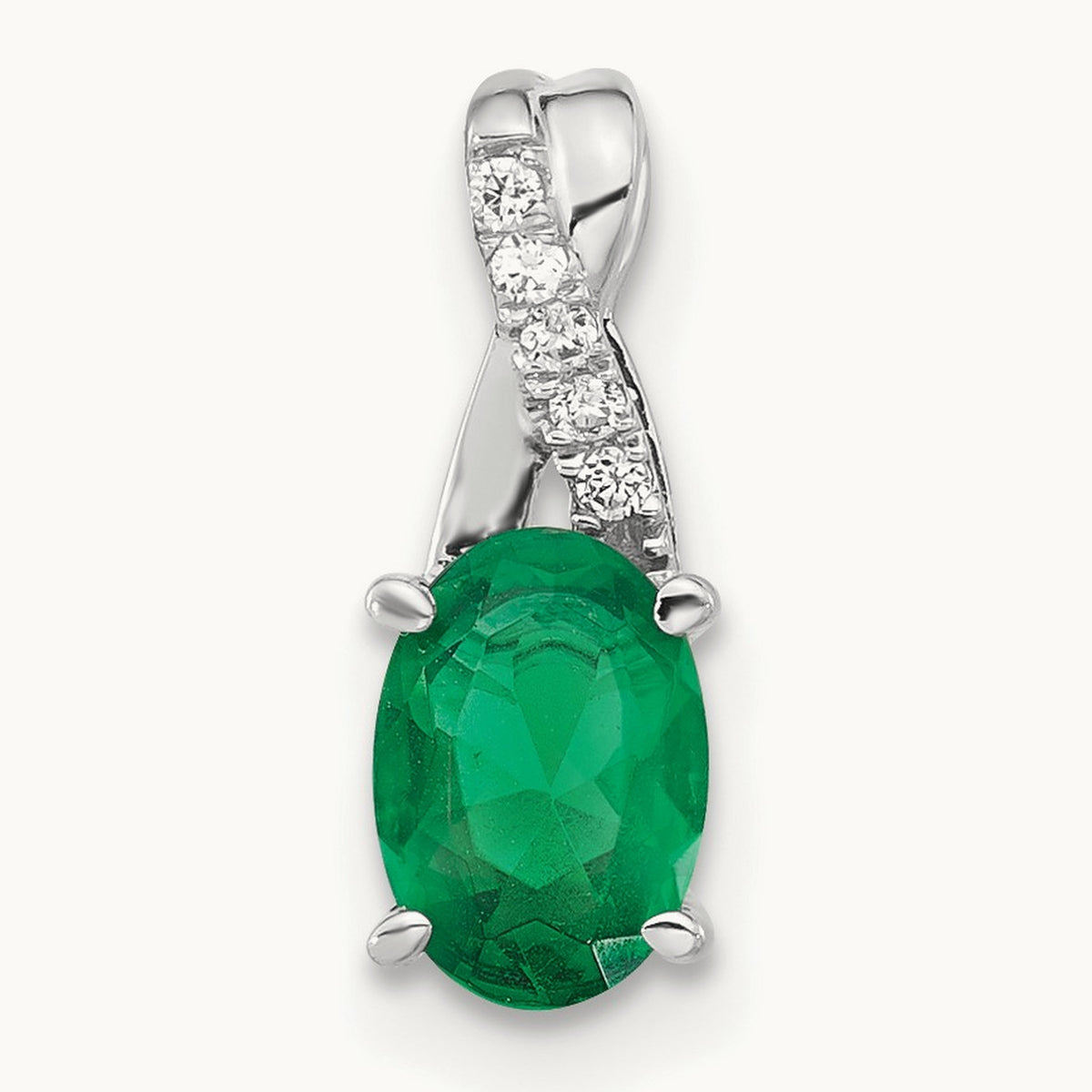 Oval Created Emerald and Diamond Pendant, 14K White Gold