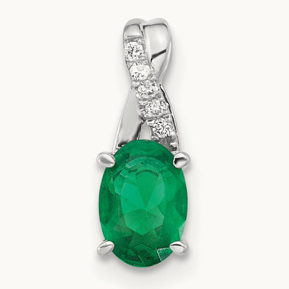 Oval Created Emerald and Diamond Pendant, 14K White Gold