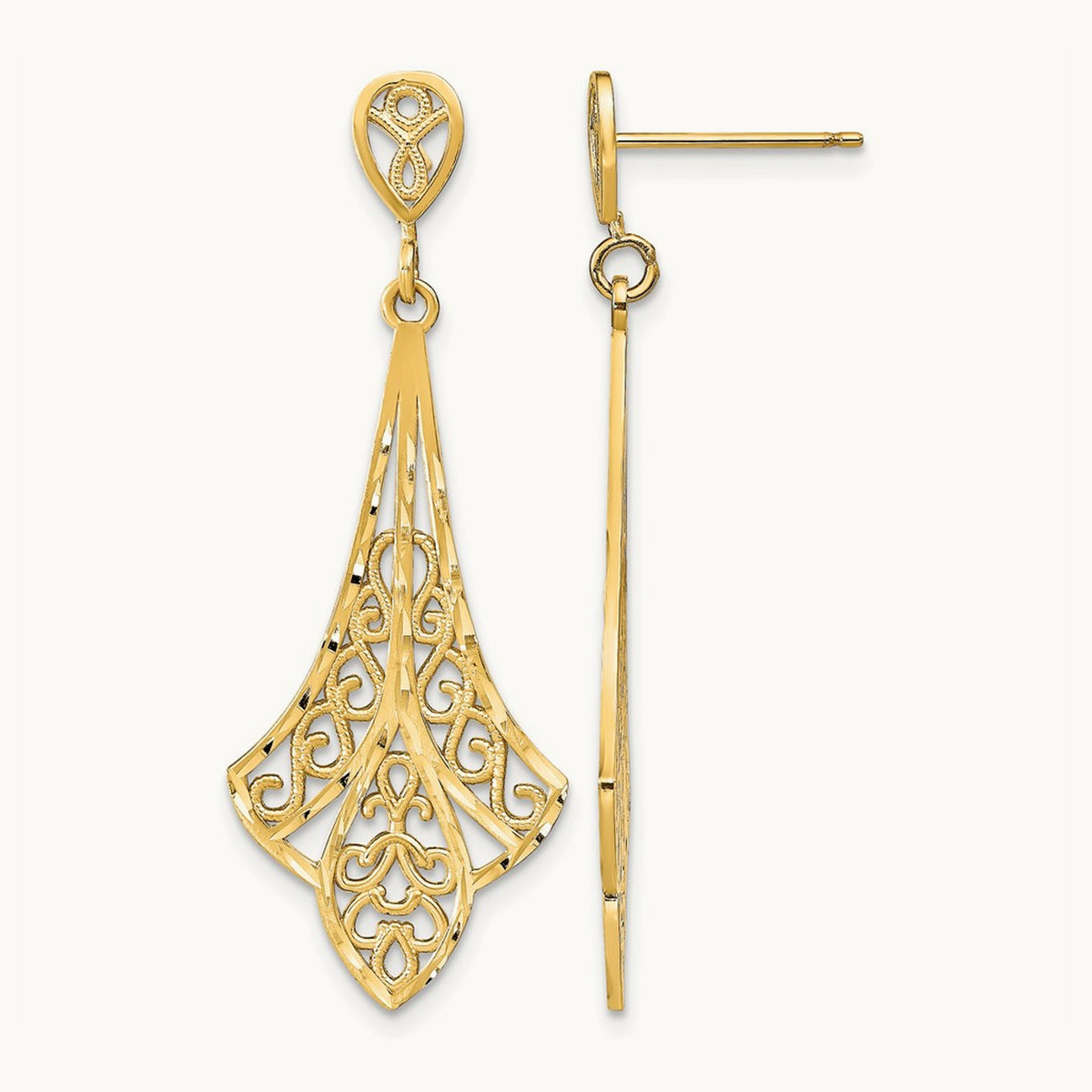 D/C Filigree Dangle Post Earrings, 14K