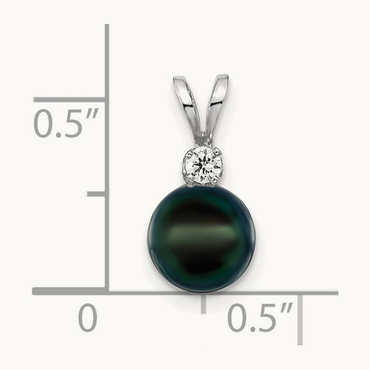 7- Black Round Saltwater Akoya Cultured Pearl Diamond Post Pendants, 8mm, 14K White Gold