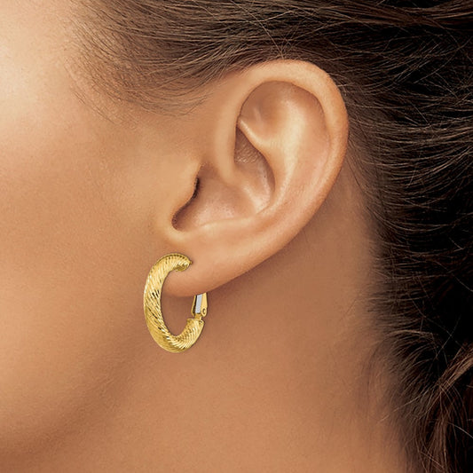 Diamond-cut Round Omega Back Hoop Earrings — 14K Yellow Gold, 4x23mm